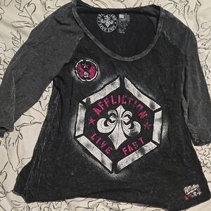 Affliction Gray and Pink Graphic Long Sleeve Top